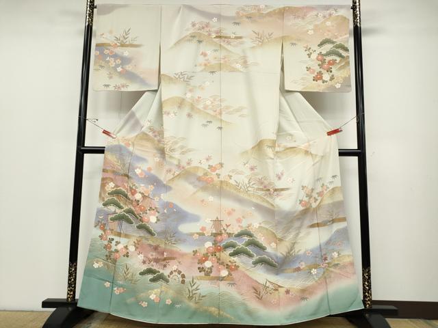 平和屋着物●訪問着　駒刺繍　舟松花文　暈し染め　金彩　正絹　逸品　CABC2364ut