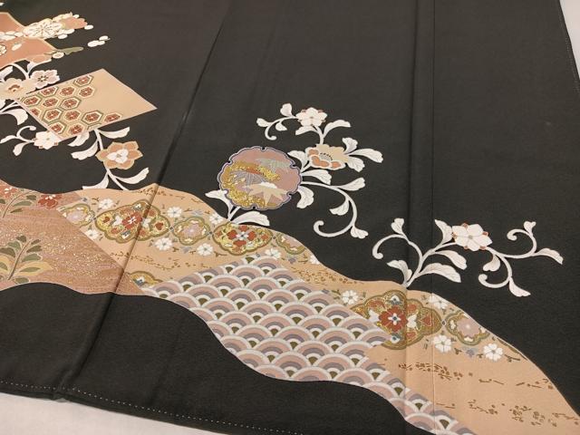 平和屋着物●創業460年・千總　黒留袖　駒刺繍　道長雪輪更紗菱文　金彩　三越扱い　正絹　逸品　CABC2698vp