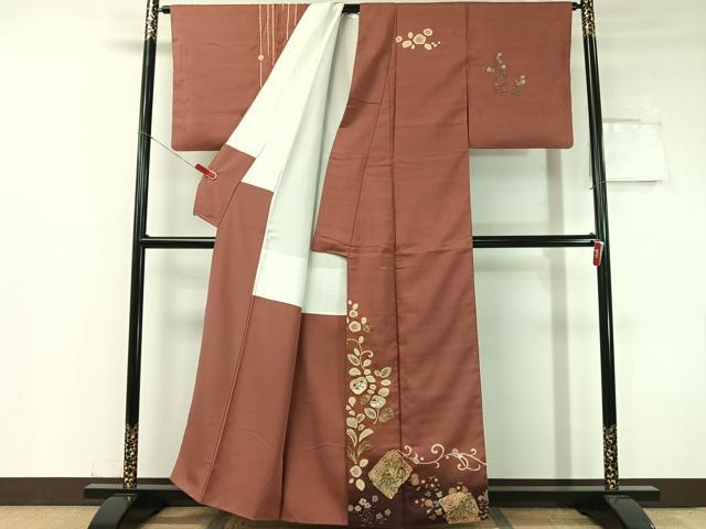 平和屋着物●訪問着　紬地　作家物　手描き　絞り　跳び兎　人物風景文　金彩　正絹　逸品　CABC2758vp_1