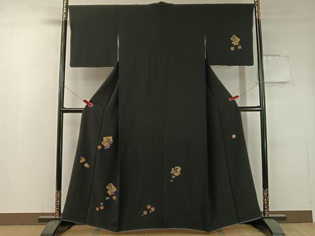 平和屋着物●ファッションデザイナー 花井幸子　訪問着　駒刺繍　破れ色紙花文　黒地　金彩　正絹　逸品　CABC2769vp 27,040円
