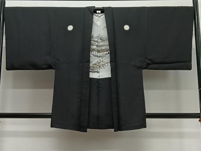 平和屋着物∞男性　羽織　黒紋付　羽裏：風景文　正絹　逸品　CABC3169ua
