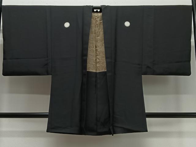 平和屋着物∞男性　長羽織　黒紋付　羽裏：人物風景文　正絹　逸品　CABC3171ua