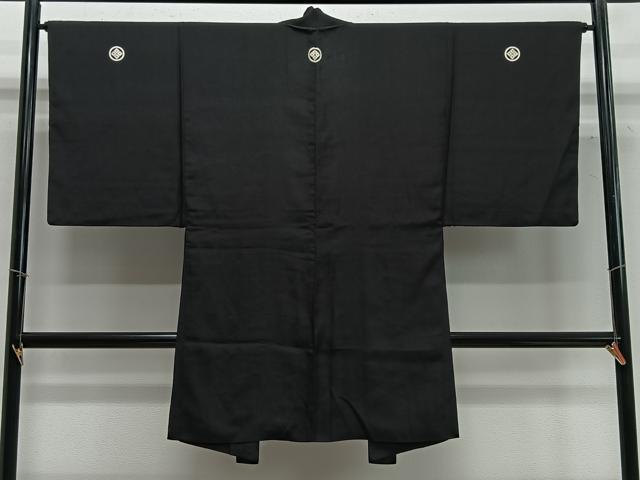 平和屋着物∞男性　長羽織　紬地　黒紋付　正絹　逸品　CABC3178ua_1