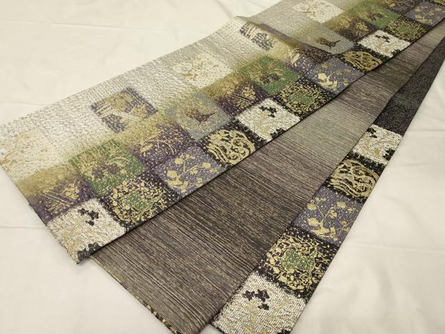 平和屋着物●両面　六通柄袋帯　本泥染　市松草花文　金糸　正絹　逸品　CABC4666dy