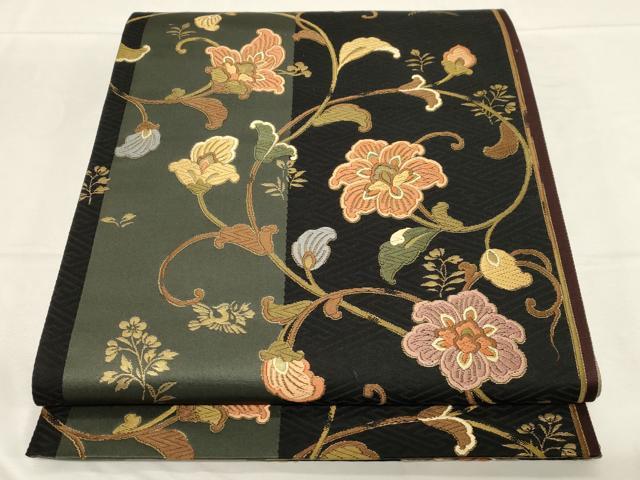 平和屋着物●両面　六通柄袋帯　唐織　更紗花文　金糸　正絹　逸品　CABC4717dy 平和屋着物○両面 六通柄袋帯 唐織 更紗花文 金糸 正絹 逸品