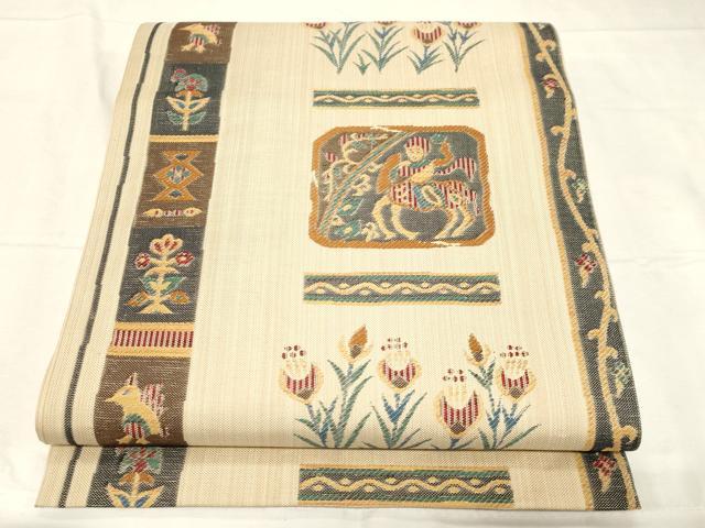 平和屋着物●六通柄　本袋帯　紬地　人物草花文　正絹　逸品　CABC4756dy