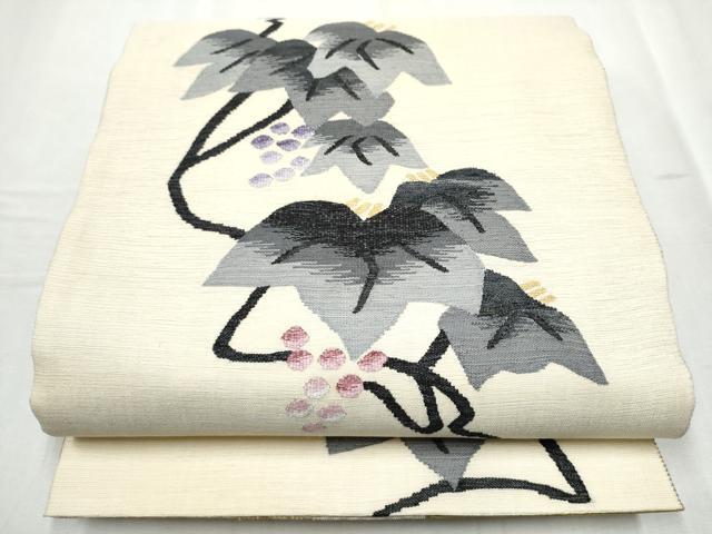 平和屋着物▽両面　太鼓柄袋帯　スリーシーズン　春夏秋　すくい織　葡萄蔦の葉文　正絹　逸品　CABC5225hy