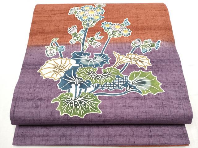 平和屋着物●九寸開き名古屋帯　紬地　型染め　草花文　正絹　逸品　CABC5252hy