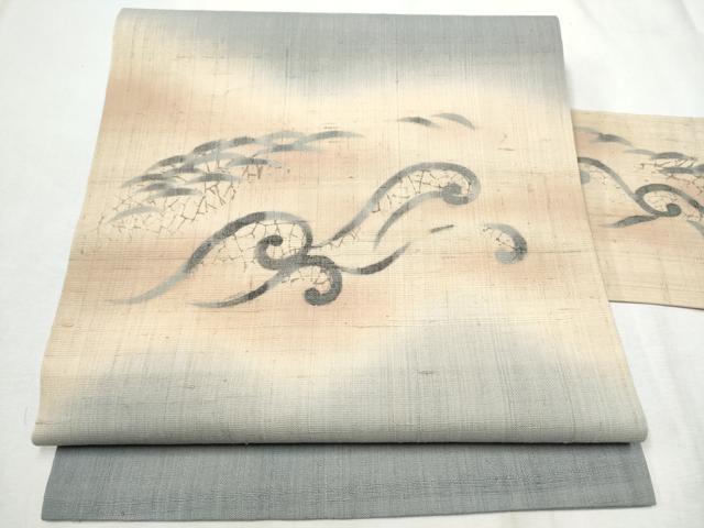 平和屋着物●九寸名古屋帯　生紬　立波芝草文　正絹　逸品　CABC5257hy