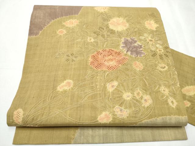平和屋着物●中国三大刺繍　スワトウ相良刺繍　総刺繍　九寸名古屋帯　紬地　絞り　花車文　正絹　逸品　CABC5345hy