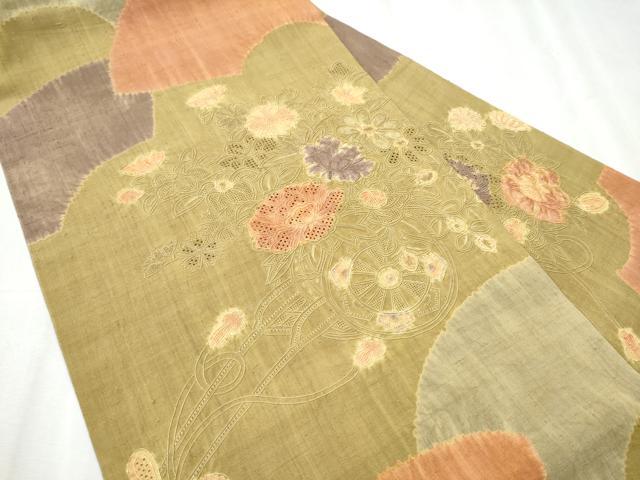 平和屋着物●中国三大刺繍　スワトウ相良刺繍　総刺繍　九寸名古屋帯　紬地　絞り　花車文　正絹　逸品　CABC5345hy_1