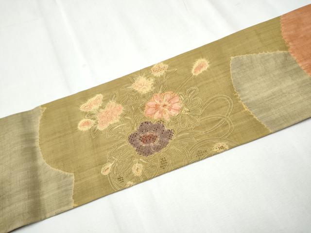 平和屋着物●中国三大刺繍　スワトウ相良刺繍　総刺繍　九寸名古屋帯　紬地　絞り　花車文　正絹　逸品　CABC5345hy_6