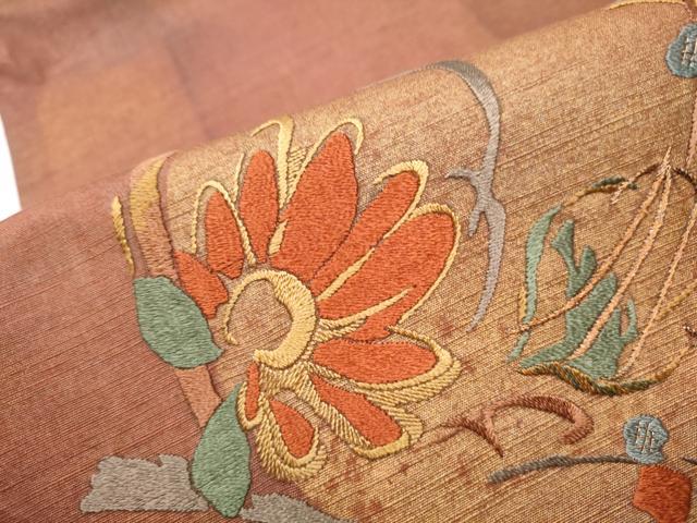 平和屋着物○太鼓柄袋帯 紬地 総刺繍 枝花文 金彩 正絹 逸品