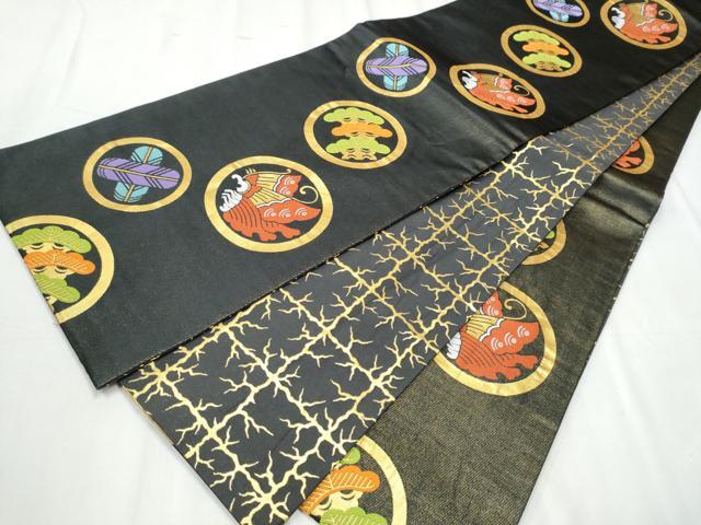 平和屋着物●両面　全通柄袋帯　家紋　黒地　金糸　CABC5395hy