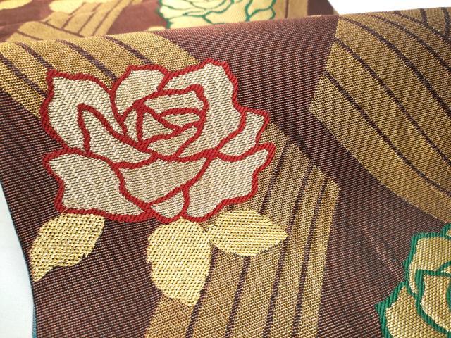 平和屋着物○染色作家 草野一騎 六通柄袋帯 薔薇 金糸 正絹 逸品