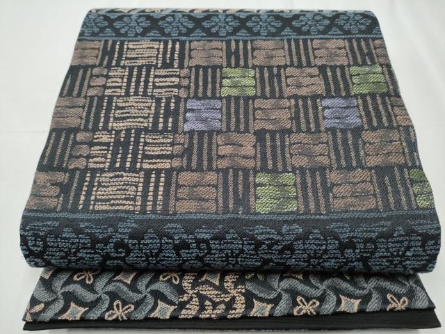 平和屋着物●六通柄袋帯　幾何学文様　黒地　正絹　逸品　CABC5417hy
