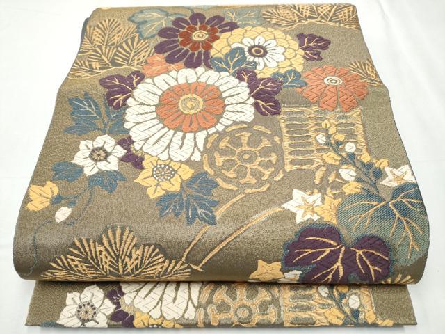 平和屋着物●ファッションデザイナー 花井幸子　六通柄袋帯　唐織　草花文　金糸　やまと誂製　正絹　逸品　CABC5418hy 平和屋着物○ファッションデザイナー 花井幸子 六通柄袋帯 唐織 草花文