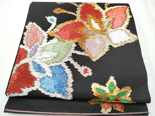 平和屋着物●六通柄　本袋帯　花双モール　黒地　金糸　正絹　逸品　CABC5445hy