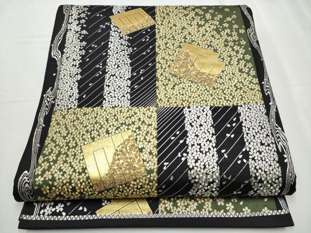 平和屋着物●六通柄袋帯　源氏香舞桜文　黒地　金銀糸　正絹　逸品　CABC5488hy