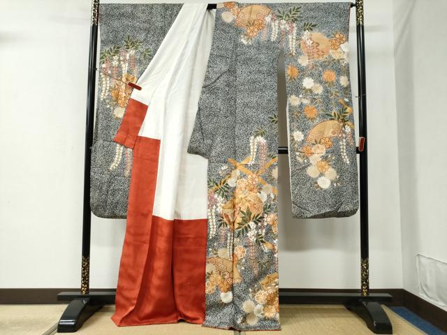 平和屋着物●豪華振袖　駒刺繍　糸巻き吉祥枝垂れ花蝶文　たたき染め　黒地　金彩　正絹　逸品　CABC6404yc 平和屋着物○豪華振袖 駒刺繍 糸巻き吉祥枝垂れ花蝶文 たたき染め 黒地