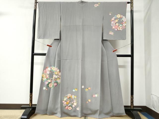 平和屋着物●訪問着　草花丸文　金彩　鬼しぼ縮緬　正絹　逸品　CABC6418yc