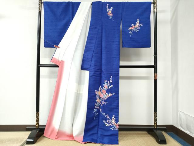 平和屋着物●訪問着　紬地　友禅　作家物　草花文　ロング丈　正絹　逸品　CABC6477yc_1