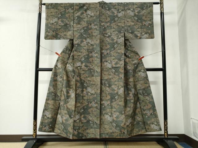 平和屋着物●本場大島紬　7マルキ　流水草花文　正絹　逸品　CABC6507yc 平和屋着物○本場大島紬 7マルキ 流水草花文 正絹 逸品 CABC6507yc