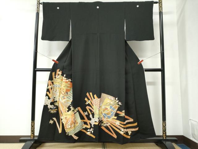 平和屋着物●創業460年・千總　黒留袖　駒刺繍　鬘帯色紙重ね鳳凰檜扇吉祥花文　金彩　正絹　逸品　CABC6515yc