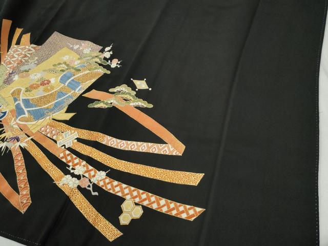 平和屋着物●創業460年・千總　黒留袖　駒刺繍　鬘帯色紙重ね鳳凰檜扇吉祥花文　金彩　正絹　逸品　CABC6515yc_4