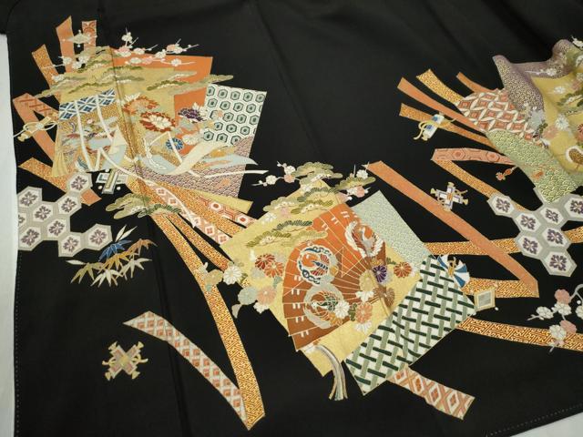 平和屋着物●創業460年・千總　黒留袖　駒刺繍　鬘帯色紙重ね鳳凰檜扇吉祥花文　金彩　正絹　逸品　CABC6515yc_3