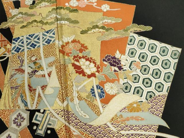 平和屋着物●創業460年・千總　黒留袖　駒刺繍　鬘帯色紙重ね鳳凰檜扇吉祥花文　金彩　正絹　逸品　CABC6515yc_2