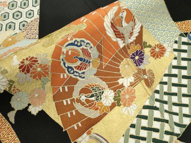 平和屋着物●創業460年・千總　黒留袖　駒刺繍　鬘帯色紙重ね鳳凰檜扇吉祥花文　金彩　正絹　逸品　CABC6515yc_5