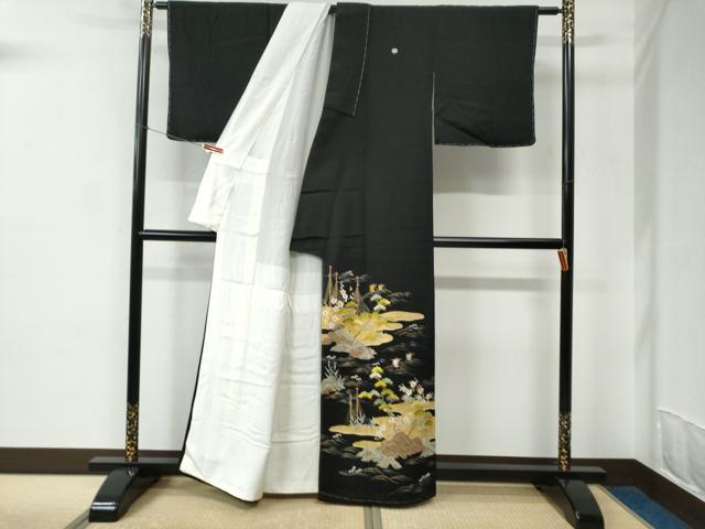 平和屋着物●豪華黒留袖　刺繍　霞浜松帆船花文　金糸　正絹　逸品　未使用　CABC6526yc 平和屋着物○豪華黒留袖 刺繍 霞浜松帆船花文 金糸 正絹 逸品 未使用
