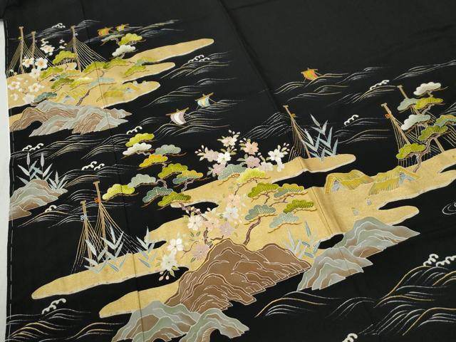 平和屋着物○豪華黒留袖 刺繍 霞浜松帆船花文 金糸 正絹 逸品 未使用