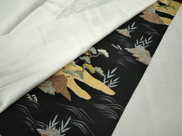 平和屋着物●豪華黒留袖　刺繍　霞浜松帆船花文　金糸　正絹　逸品　未使用　CABC6526yc 平和屋着物○豪華黒留袖 刺繍 霞浜松帆船花文 金糸 正絹 逸品 未使用