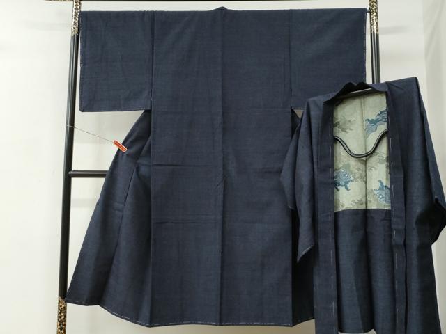 平和屋着物●男性　紬　アンサンブル　色無地　留紺色　正絹　逸品　未使用　CABC6611yc