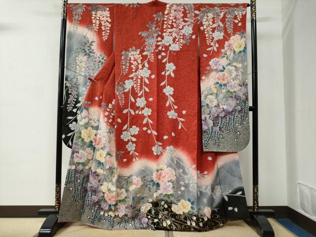 平和屋着物●豪華振袖　絞り　流水枝垂れ花文　暈し染め　金通し地　正絹　逸品　CABC6650yc