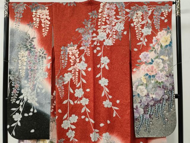 平和屋着物●豪華振袖　絞り　流水枝垂れ花文　暈し染め　金通し地　正絹　逸品　CABC6650yc_1