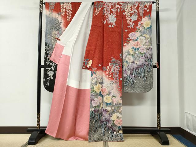 平和屋着物●豪華振袖　絞り　流水枝垂れ花文　暈し染め　金通し地　正絹　逸品　CABC6650yc_3