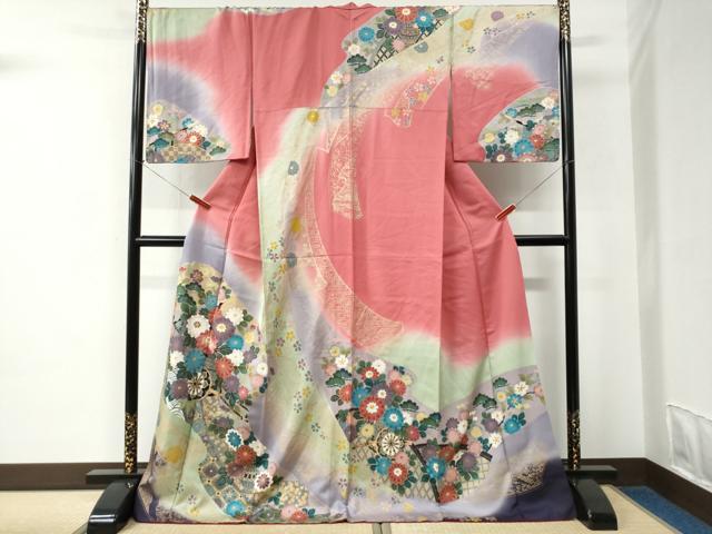 平和屋着物●訪問着　駒刺繍　陶器花車文　暈し染め　金彩　ロング丈　正絹　逸品　CABC6699yc