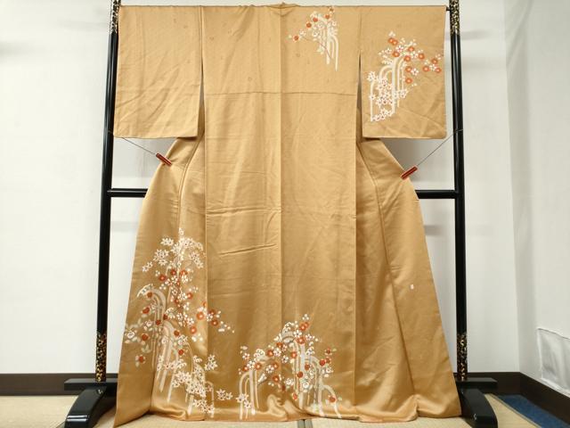 平和屋着物●十日町老舗ブランド　吉澤友禅　吾妻徳穂　訪問着　駒刺繍　竜田川枝橘梅文　金彩　ロング丈　正絹　逸品　CABC6707yc
