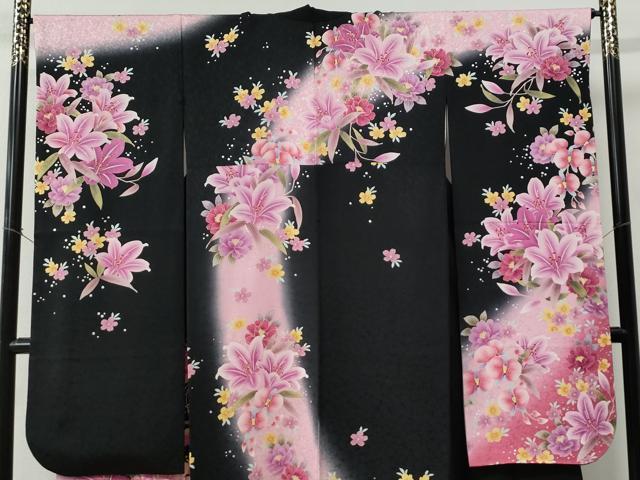 平和屋着物●豪華振袖　刺繍　牡丹花文　ラメ糸　黒地　銀彩　正絹　逸品　CABC6766yc 平和屋着物○豪華振袖 刺繍 牡丹花文 ラメ糸 黒地 銀彩 正絹 逸品