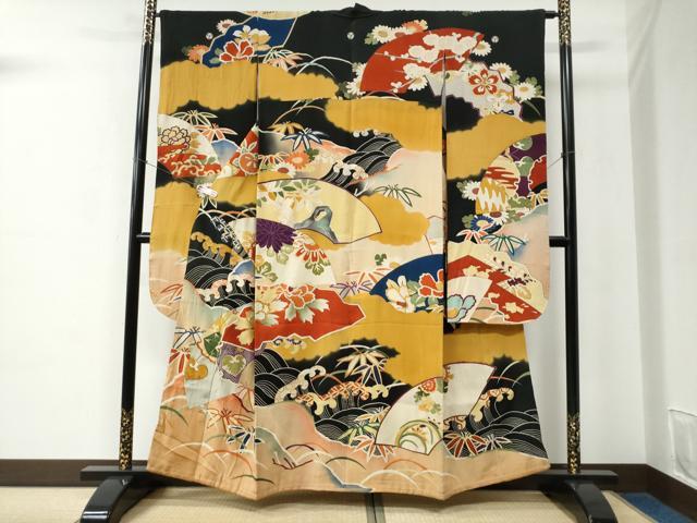 平和屋本店●アンティーク　大正ロマン　振袖　刺繍　立波牡丹葵吉祥花文　暈し染め　黒地　金彩　逸品　CABC6785yc