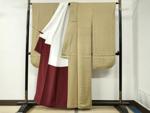 平和屋着物●豪華振袖　色無地　草花地紋　枯色　正絹　逸品　CABC6837yc 平和屋着物▽上質な色無地 単衣 草花地紋 薄縹色 正絹 逸品 AABF8297jh