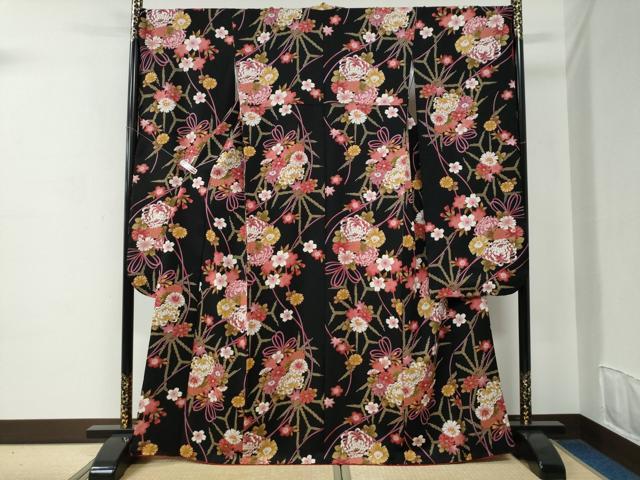平和屋着物●豪華振袖　乱菊草花文　黒地　金彩　正絹　逸品　CABC6865yc 平和屋着物○豪華振袖 乱菊草花文 黒地 金彩 正絹 逸品 CABC6865yc
