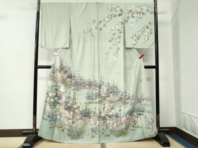平和屋着物●訪問着　友禅　風景草花文　暈し染め　無落款　正絹　逸品　CABC6871yc 平和屋着物○訪問着 友禅 風景草花文 暈し染め 無落款 正絹 逸品