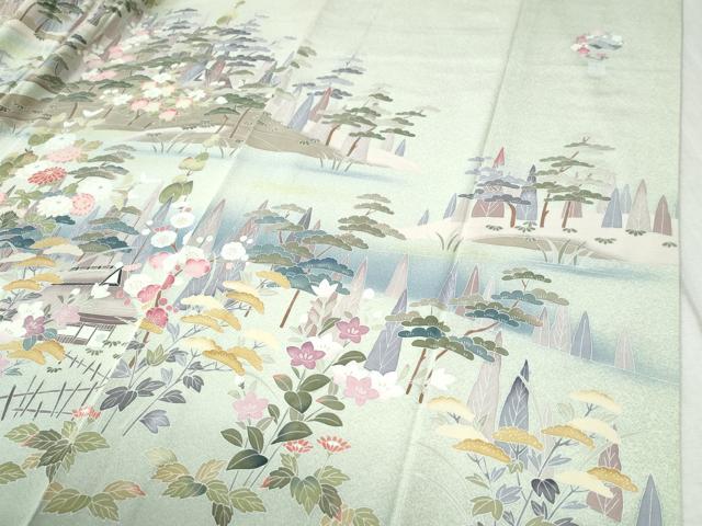 平和屋着物●訪問着　友禅　風景草花文　暈し染め　無落款　正絹　逸品　CABC6871yc 平和屋着物○訪問着 友禅 風景草花文 暈し染め 無落款 正絹 逸品