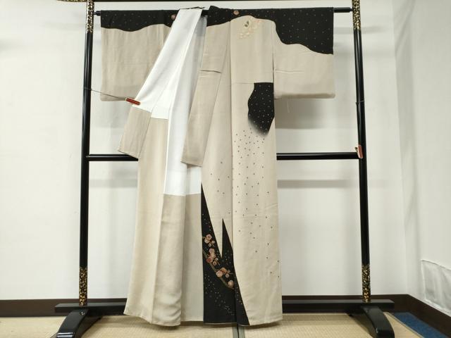 平和屋着物●訪問着　枝梅文　黒地　金彩　鬼しぼ縮緬　正絹　逸品　CABC6910yc_1