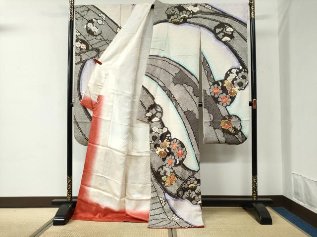 平和屋着物●豪華振袖　総絞り　駒刺繍　草花絵巻文　暈し染め　金彩　正絹　逸品　CABC6911yc 平和屋着物○豪華振袖 総絞り 駒刺繍 草花絵巻文 暈し染め 金彩 正絹