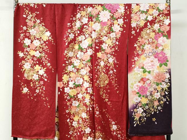 平和屋着物○豪華振袖 刺繍 束ね熨斗雪輪草花文 ラメ糸 暈し染め 金彩